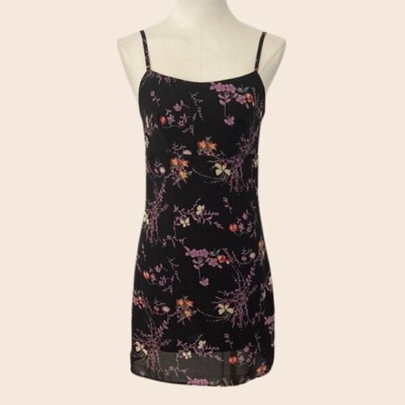 Vintage Dresses & Skirts - Vintage 90's/ Early 00's Black Floral Empire Waist Mini Dress Size Small